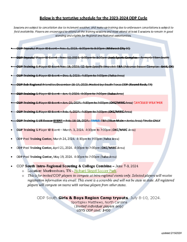 ODP Schedule USYS Oklahoma